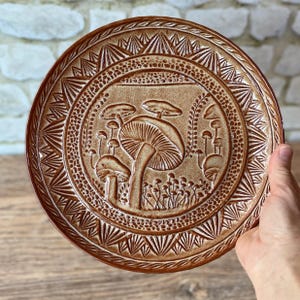 10" Wheel thrown stoneware pottery plate with unique mushroom texture design in Wheat Tan glaze image 6