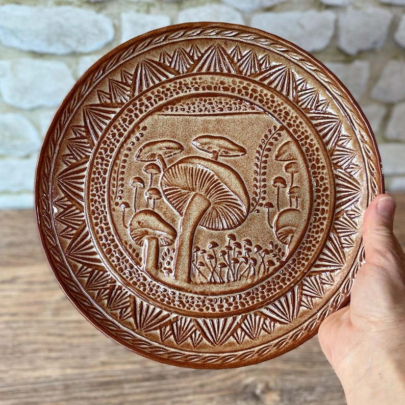 10" Wheel thrown stoneware pottery plate with unique mushroom texture design in Wheat Tan glaze image 6