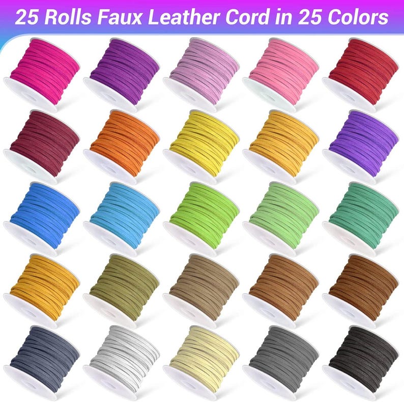 May include: An assortment of 25 rolls of faux leather cord in various colors. The spools are arranged in rows, showcasing a wide spectrum of hues, including pink, purple, red, orange, yellow, blue, green, brown, and gray. Text at the top reads "25 Rolls Faux Leather Cord in 25 Colors."