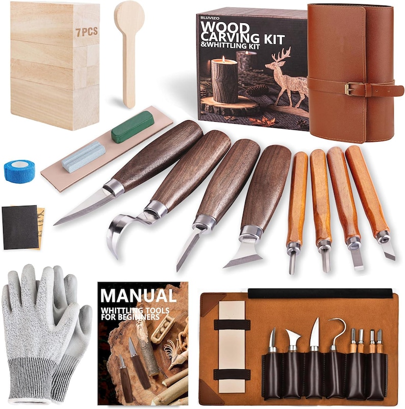 Wood Carving Kit, Whittling Kit with Carving Knives and Leather Case, Beginner Woodworking Tools, DIY Craft Gift for Men, Teens & Adults image 2