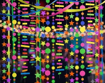 703ft UV Neon Garland Streamers, Blacklight Reactive Fluorescent Party Decor, Glow in the Dark Birthday Decorations, Rave Party Supplies