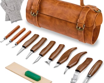 Kit de tallado de madera: herramientas de tallado para principiantes con estuche de cuero