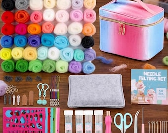 Kit de fieltro con aguja de 50 colores, 185 piezas de lana cardada y juego de herramientas para principiantes.