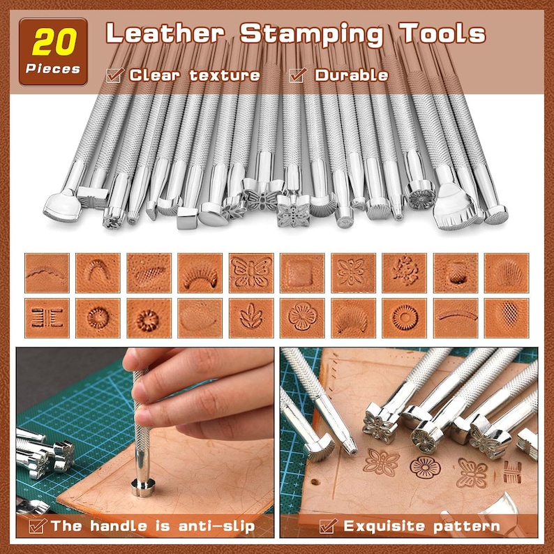 May include: A set of 20 leather stamping tools with various patterned heads. The image shows the tools and examples of stamped designs, including floral, geometric, and abstract shapes. The text indicates the tools have a clear texture, are durable, and have anti-slip handles.