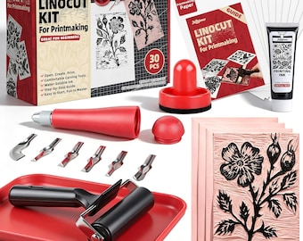 Linocut Printmaking Kit for Beginners, Block Printing Set with Soft Cut Linoleum Blocks, Ink Roller and Carving Tools, DIY Art Gift