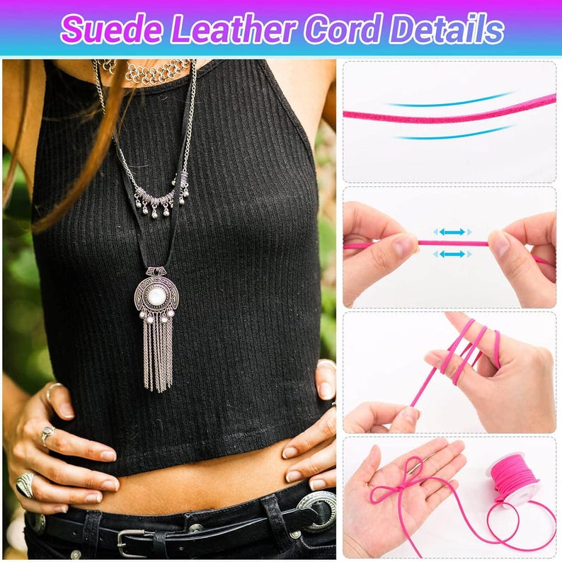 May include: Image showing a black top and jeans with a silver necklace with a large pendant. The pendant has a white stone and silver fringe. The image also shows details of pink suede leather cord.