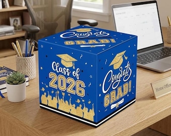 Class of 2026 Graduation Card Box, Purple Gold Congrats Grad Gift Card Holder, Party Decorations 9x9x9 Inch Card Box Decor