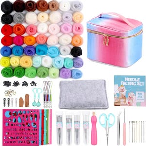 50 Colours Needle Felting Kit 185 Pcs Wool Roving & Felting Tools for Beginners DIY Crafts, Felting Mat, Needles and Supplies Set