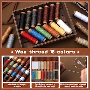 May include: A wooden tray holds spools of wax thread in various colors, including black, gray, red, blue, green, and yellow. The image also shows additional spools and text that reads "Wax thread 18 colors."