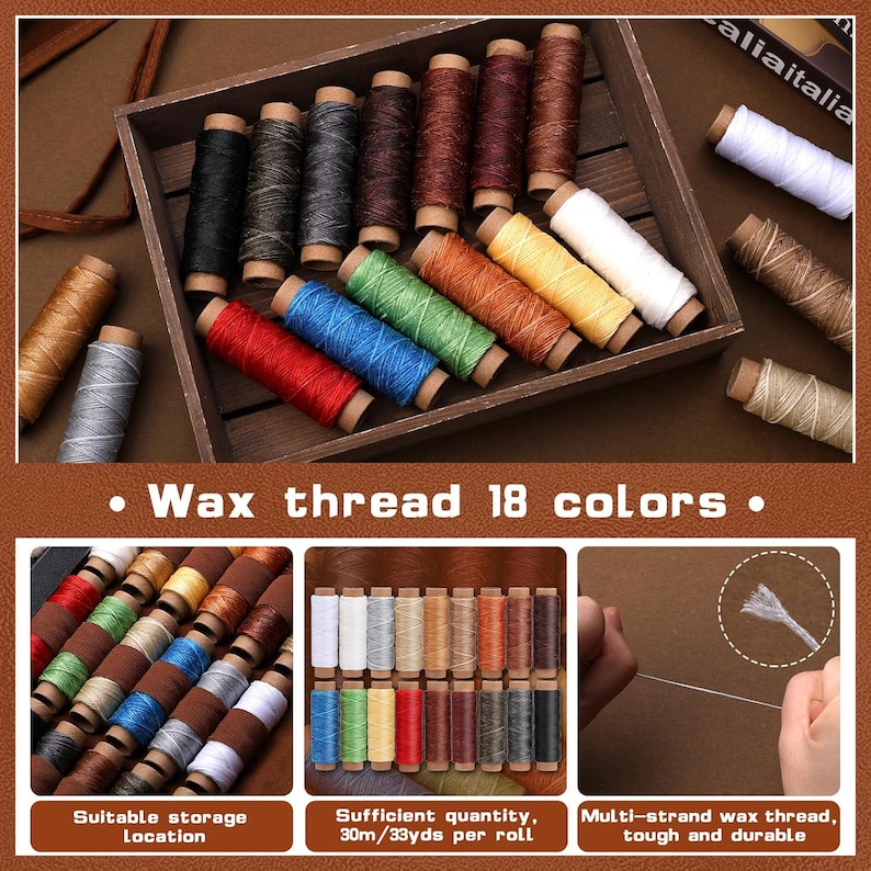 May include: A wooden tray holds spools of wax thread in various colors, including black, gray, red, blue, green, and yellow. The image also shows additional spools and text that reads "Wax thread 18 colors."
