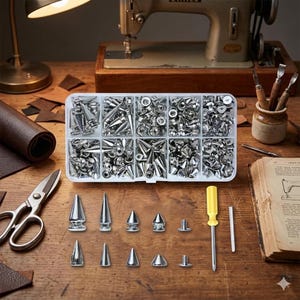 May include: A clear plastic organizer filled with various silver metal studs and rivets. Several studs are arranged on a wooden surface, along with a yellow screwdriver, scissors, and a leather roll. A vintage sewing machine is in the background.