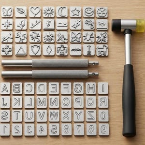 May include: A set of metal stamping tools including numerous square stamps with various icons, letters, and numbers, two cylindrical metal handles with textured grips, and a mallet with a black handle and a yellow and black head.