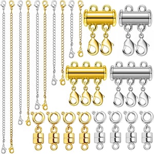 May include: A collection of gold and silver-toned jewelry clasps and chain extenders. The clasps include lobster claw closures and magnetic barrel clasps. The extenders are made of delicate chain with lobster claw clasps at each end. Ideal for jewelry making.