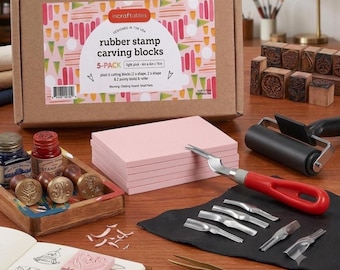 Block Printing Kit for Stamp Making, 5 Soft Rubber Carving Blocks, Brayer Roller and 6 Blades, Linocut Kit for Beginners