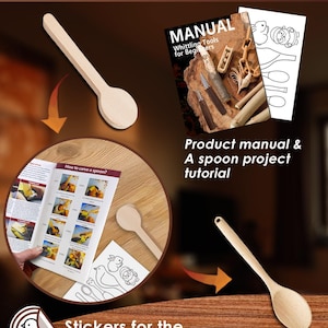 May include: A wooden spoon, manual, and stickers for wood carvings are displayed. The manual is titled "Whittling Tools for Beginners" and includes a spoon project tutorial. The image also features the text "BEGINNERS & KIDS FRIENDLY".