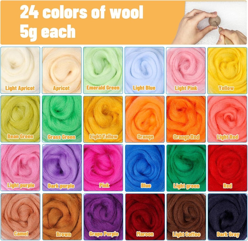 Pode incluir: Um conjunto de 24 pacotes de l&atilde; cardada de 5g cada, dispostos numa grelha. As cores incluem alperce claro, alperce, verde esmeralda, azul claro, rosa claro, amarelo, verde feij&atilde;o, verde relva, amarelo claro, laranja, laranja avermelhado, vermelho claro, roxo claro, roxo escuro, rosa, azul, verde claro, vermelho, camelo, castanho, roxo uva, bordeaux, caf&eacute; claro e cinzento escuro.