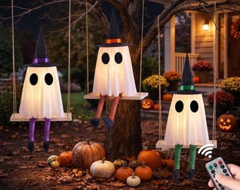 Halloween Swinging Ghost Decorations, Set of 3 Spooky Hanging Ghost & Witch Yard Decor with Timer, Remote Control, Outdoor Halloween Display