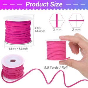 May include: Bright pink suede cord on white spools. The product size is 1.9 inches wide, 1.65 inches high, and 5.5 yards per roll. The cord is 0.12 inches thick and 0.08 inches wide. The text "Product Size" is at the top.