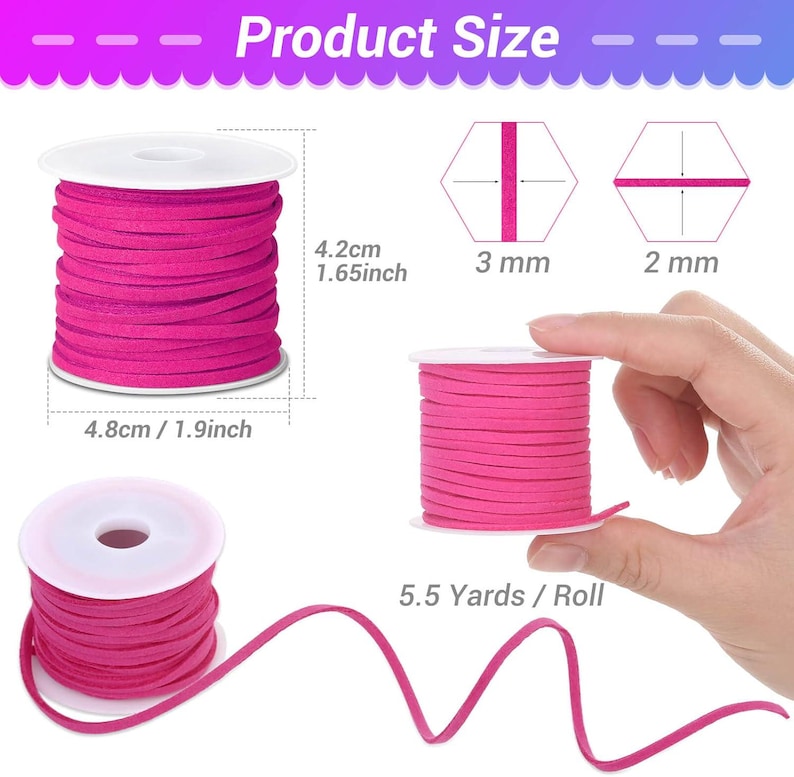 May include: Bright pink suede cord on white spools. The product size is 1.9 inches wide, 1.65 inches high, and 5.5 yards per roll. The cord is 0.12 inches thick and 0.08 inches wide. The text "Product Size" is at the top.