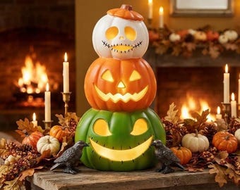 3 Tier Halloween Stacked Pumpkin Decor, 14" Light Up Lantern, Illuminated Pumpkin Decoration for Porch, Tabletop, Indoor, Outdoor Display