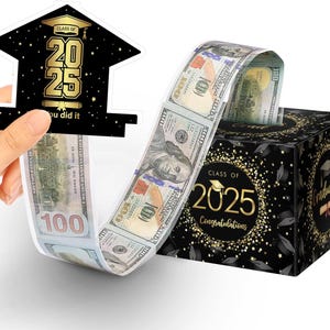May include: A graduation gift box with a black and gold design, featuring the text "Class of 2025 Congratulations." A hand holds a graduation cap-shaped card with the same text. Hundred-dollar bills are displayed.
