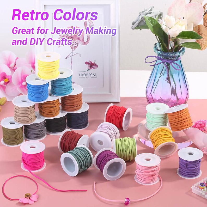May include: A collection of colorful spools of cord, perfect for jewelry making and DIY crafts. The image features various colors, including yellow, blue, brown, black, red, pink, green, and purple. The text in the image reads "Retro Colors" and "Great for Jewelry Making and DIY Crafts."