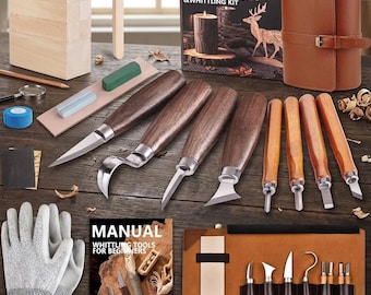 Kit de tallado de madera, herramientas para principiantes en carpintería, cuchillos con mango de nogal, estuche de cuero.
