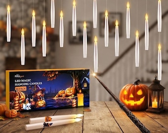 Halloween Floating Candles with Wand, 20Pcs Flickering LED Hanging Candles, Flameless Magic Lights, DIY Stickers, Party Decor, Haunted House