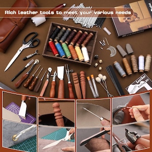 May include: A comprehensive leather tooling kit with various tools, including scissors, needles, wooden handles, and spools of thread in multiple colors. The kit also includes a wooden tray, a leather tool kit box, and a leather roll.