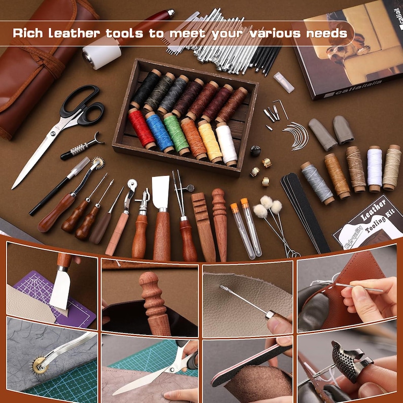 May include: A comprehensive leather tooling kit with various tools, including scissors, needles, wooden handles, and spools of thread in multiple colors. The kit also includes a wooden tray, a leather tool kit box, and a leather roll.