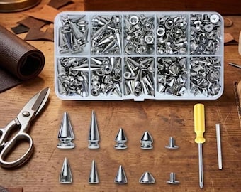 354pcs Punk Spikes and Studs Kit – 8 Sizes Metal Cones for Leathercraft DIY Decoration Accessories
