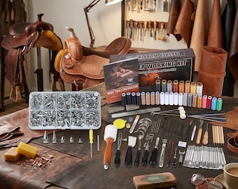 Kit de herramientas para principiantes en marroquinería: suministros para estampar, coser y tallar, incluye bolsa enrollable.