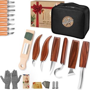 Wood Carving Kit 30-Piece Professional Whittling Set, Walnut Handle Knives, Detail Gouges, Sharpening Stone, Strop and Gloves