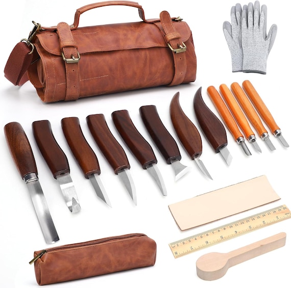 14Pc Wood Carving Kit with Whittling and  Detail Knives | Beginner Woodworking Tools Set with Leather Storage Bag for DIY Crafts
