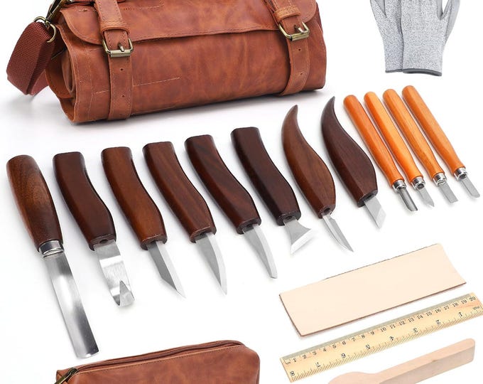14Pc Wood Carving Kit with Whittling and  Detail Knives | Beginner Woodworking Tools Set with Leather Storage Bag for DIY Crafts