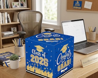 Caja para tarjetas de graduación Green Gold Clase de 2026, 9x9, ¡Felicitaciones por la fiesta de graduación!