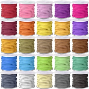 May include: A collection of colorful suede cords wound on white spools. The cords are in various shades, including red, pink, purple, orange, yellow, green, blue, gray, and brown. These cords are likely used for jewelry making or crafting.