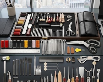 Kit de herramientas para trabajar el cuero de 85 piezas: estampado, costura, corte, perforación y manualidades, con bolsa de almacenamiento.