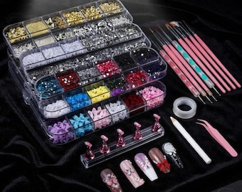 Nail Art Charms & Tools Kit, 3D Nail Gems Rhinestones, 15 Nail Art Brushes, 5 Dotting Tools and 2 Nail Stands, DIY Manicure Supplies Set