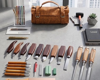 Kit de tallado de madera de 25 piezas, juego de herramientas para principiantes, bolsa de cuero, pasatiempo de carpintería.