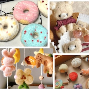 Pode incluir: Uma cole&ccedil;&atilde;o de objetos de feltro com agulha, incluindo berloques de donut, uma pequena figura de urso com uma fita bord&ocirc;, um m&oacute;bile com um coelho rosa, um animal marrom e uma flor, al&eacute;m de v&aacute;rios grampos de cabelo em formato de comida.