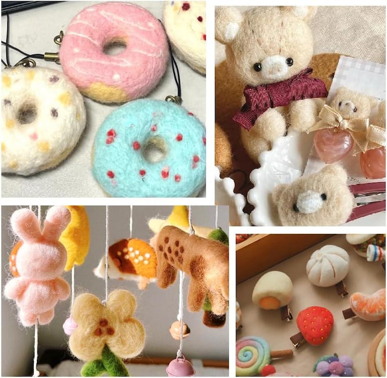 Pode incluir: Uma cole&ccedil;&atilde;o de objetos de feltro com agulha, incluindo berloques de donut, uma pequena figura de urso com uma fita bord&ocirc;, um m&oacute;bile com um coelho rosa, um animal marrom e uma flor, al&eacute;m de v&aacute;rios grampos de cabelo em formato de comida.