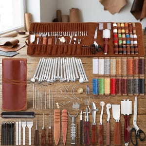 Leather Working Tool Kit with Storage Bag, Leather Craft Tools for Carving, Punching, Sewing and Stamping, DIY Leathercraft Supplies Set