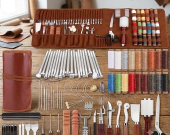 Leather Working Tool Kit with Storage Bag, Leather Craft Tools for Carving, Punching, Sewing and Stamping, DIY Leathercraft Supplies Set
