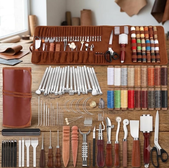 Leather Working Tool Kit with Storage Bag, Leather Craft Tools for Carving, Punching, Sewing and Stamping, DIY Leathercraft Supplies Set