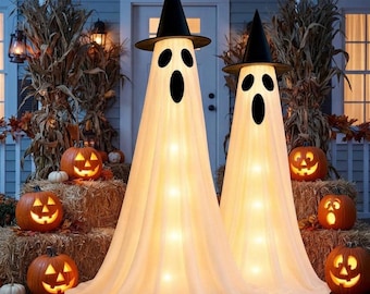 2 Pack Halloween Ghost Decorations, 63 Inch Adjustable Outdoor Lights, 8 Modes & Timer, DIY Ghost Faces, Windproof Yard Lawn Garden Decor