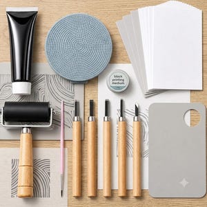 May include: A block printing kit containing a tube of black ink, a blue circular baren, a set of white and gray paper sheets, a small tin labeled block printing medium, a black rubber brayer, a thin pink brush, five wood-handled carving tools, and a gray palette.