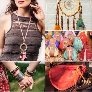 May include: A collage of bohemian-style accessories. Includes a long pink necklace with a circular pendant and tassel accents, a dreamcatcher, small leather pouches in various colors, and multiple bracelets and cuffs. A large red leather bag is also shown.