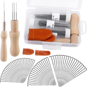 May include: A needle felting kit with wooden handles, needles, and a clear plastic case. The kit includes needle holders, needle protectors, and a variety of needles. The needles are organized in clear tubes labeled with gauge sizes.