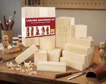 Basswood Carving Blocks 19PCS Set, Whittling Wood Kit with 3 Sizes, Soft Easy Carving Wood for Beginners, Kids and Adults DIY Crafts